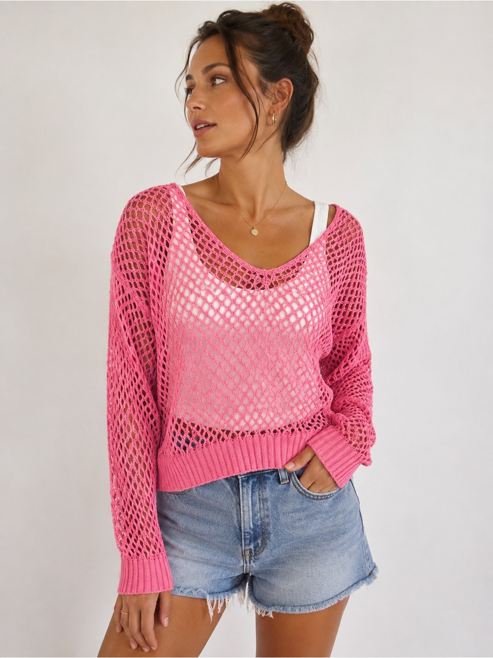 Cotton On Women’s XL Fishnet Knit Long Sleeve Pink Pullover Sweater Top Lightwgt